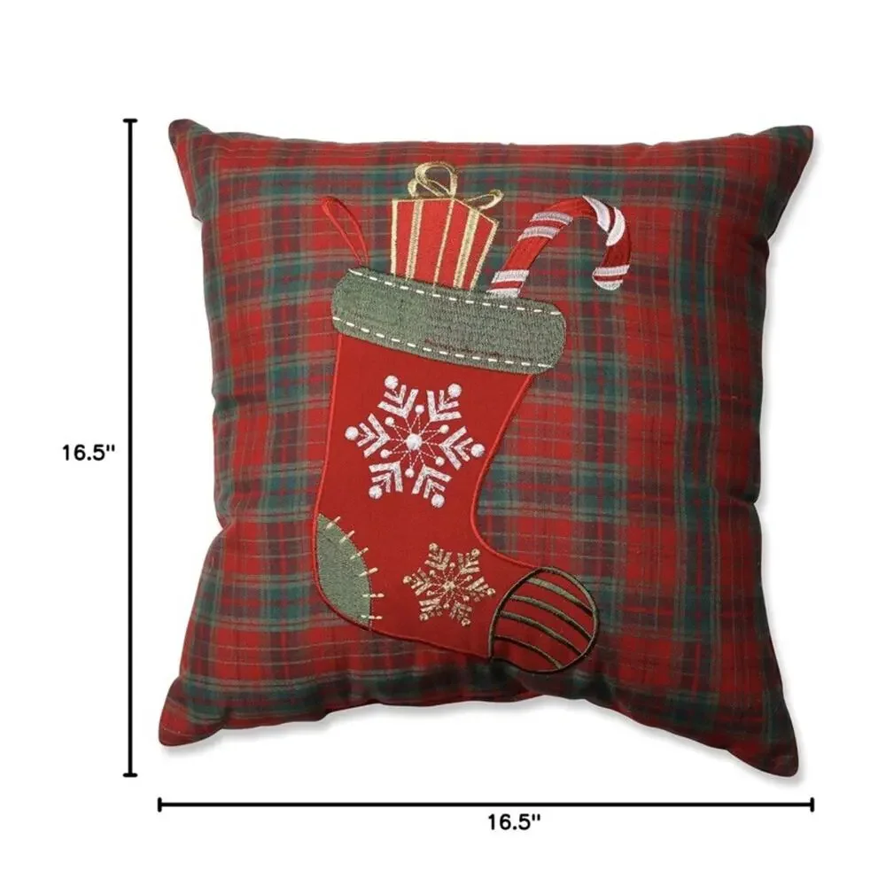 Christmas STOCKING Red/green PLAID Throw Pillow Candy Cane Snowflake 16.5 X 16.5